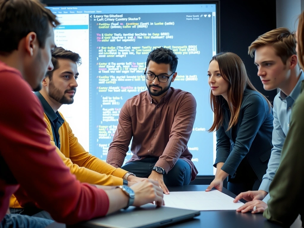 A team of diverse professionals collaborating on a digital project, looking at a large screen with code and design elements, symbolizing PixelRealm's journey from vision to reality.