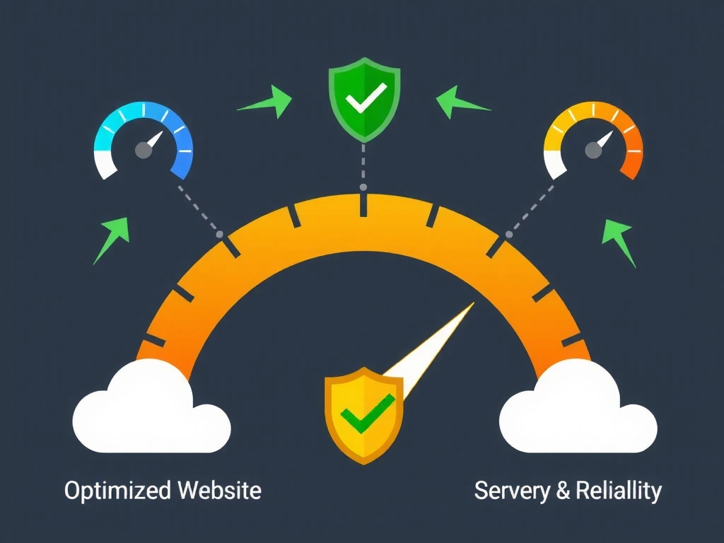 Diagram showing various performance metrics like speedometers, security shields, and server icons, representing optimized website performance.