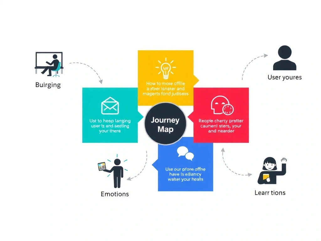 Illustration of a user journey map with icons representing different touchpoints and emotions, emphasizing user-centric design principles.