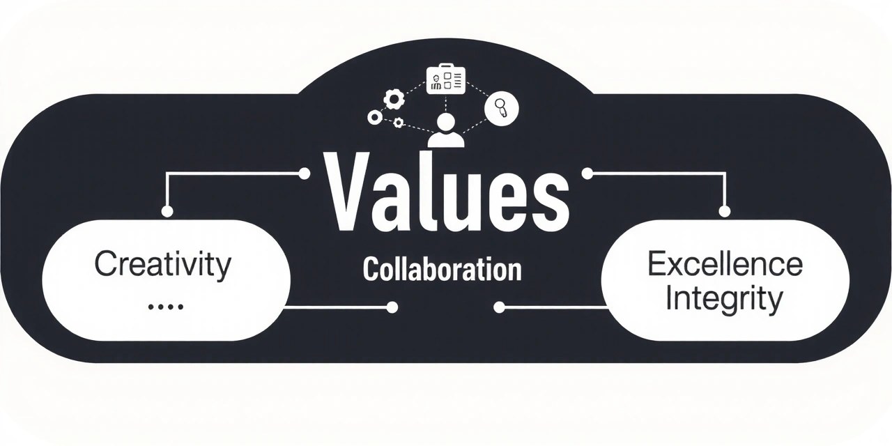 Infographic style representation of company values: Creativity, Collaboration, Excellence, Integrity, connected by subtle lines, with abstract tech elements in the background.