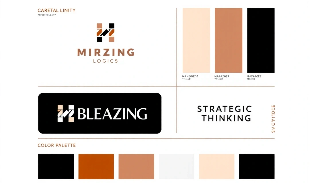 Abstract representation of brand identity elements, including a stylized logo, color palette, and typography samples.