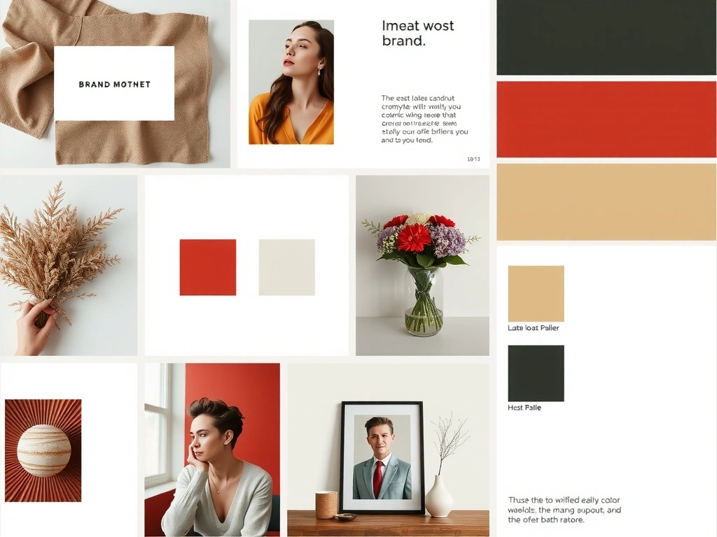 Example of a brand mood board with various textures, colors, and inspirational images.