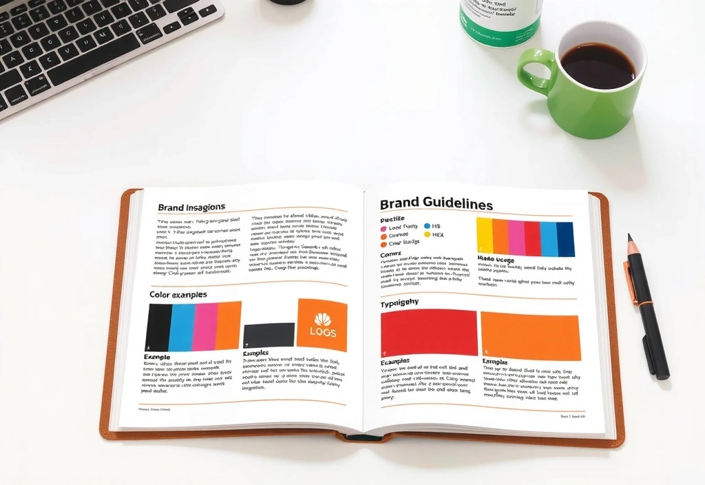 Illustration of an open brand guidelines document displaying logo usage, color codes, and typography rules.