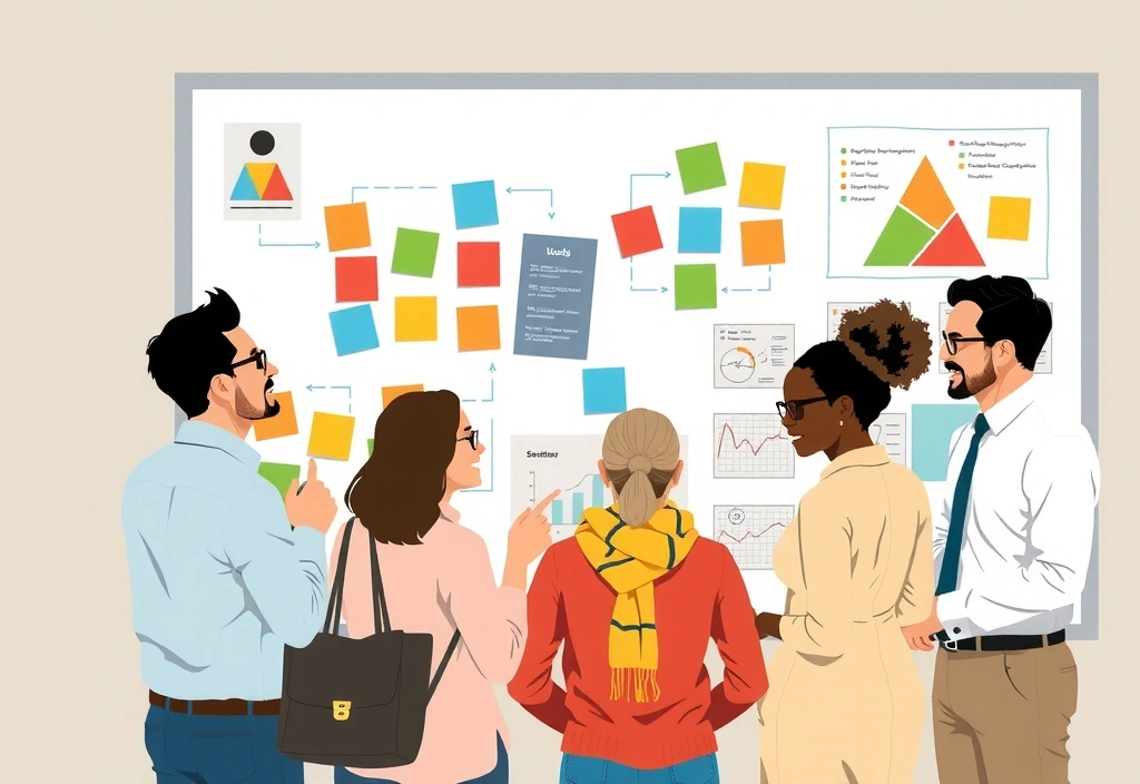 Illustration of people collaborating on a whiteboard, analyzing data and brainstorming ideas.