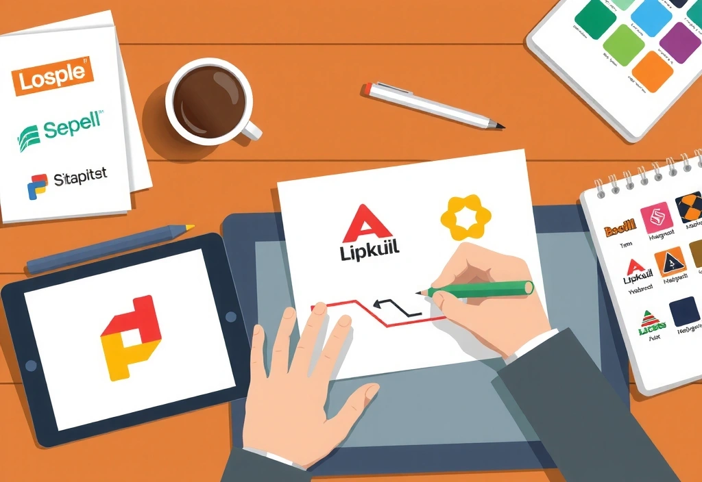 Illustration of a designer sketching logo concepts on paper with digital tools nearby.