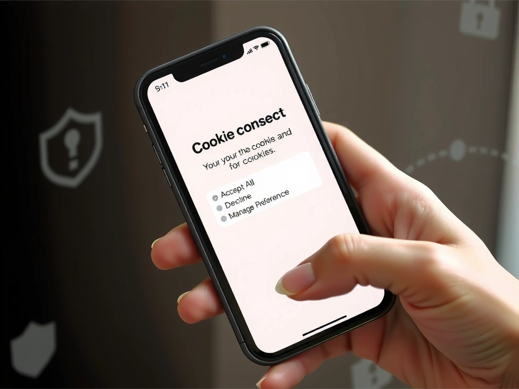 A hand holding a smartphone with a cookie consent pop-up on the screen, surrounded by digital privacy icons like a padlock and shield