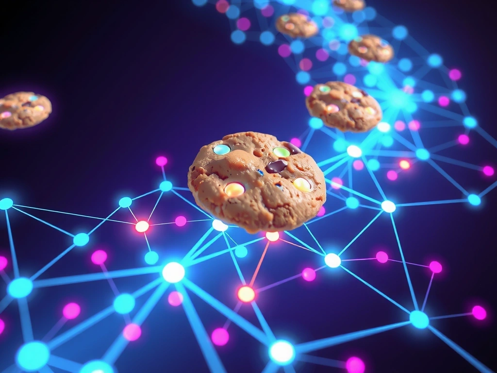 Digital cookies represented as small data packets flowing through a network, symbolizing data collection and website functionality