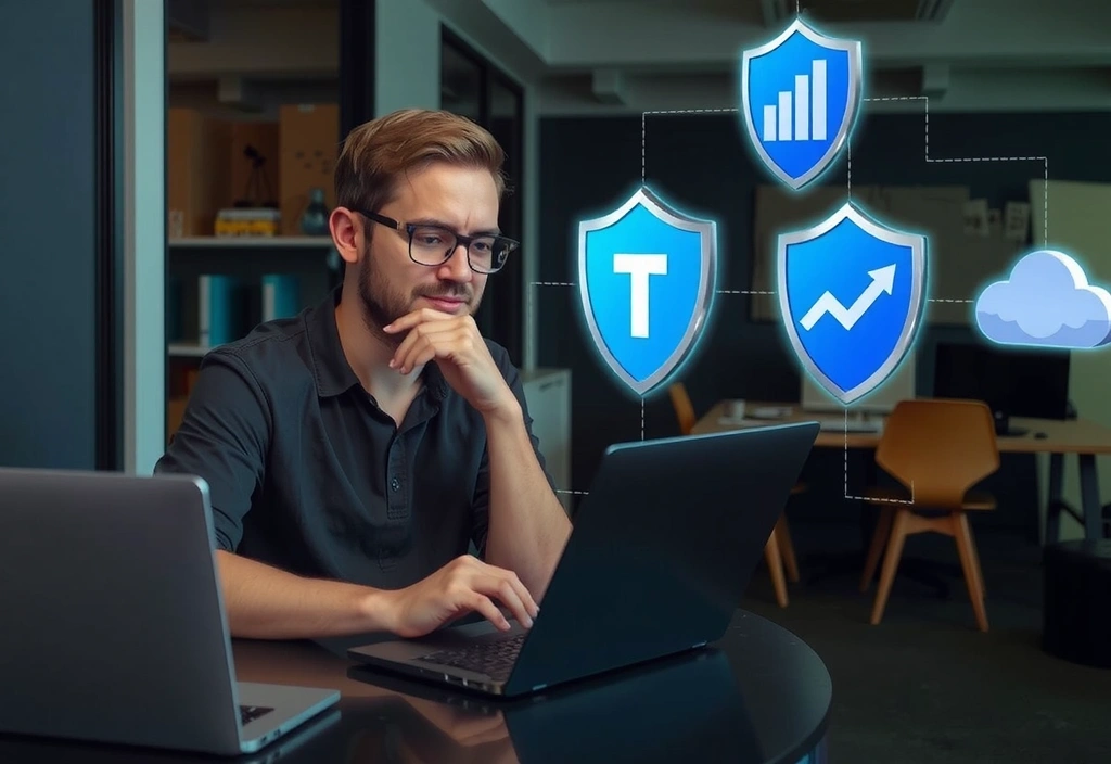 Developer working on website maintenance with charts and security icons