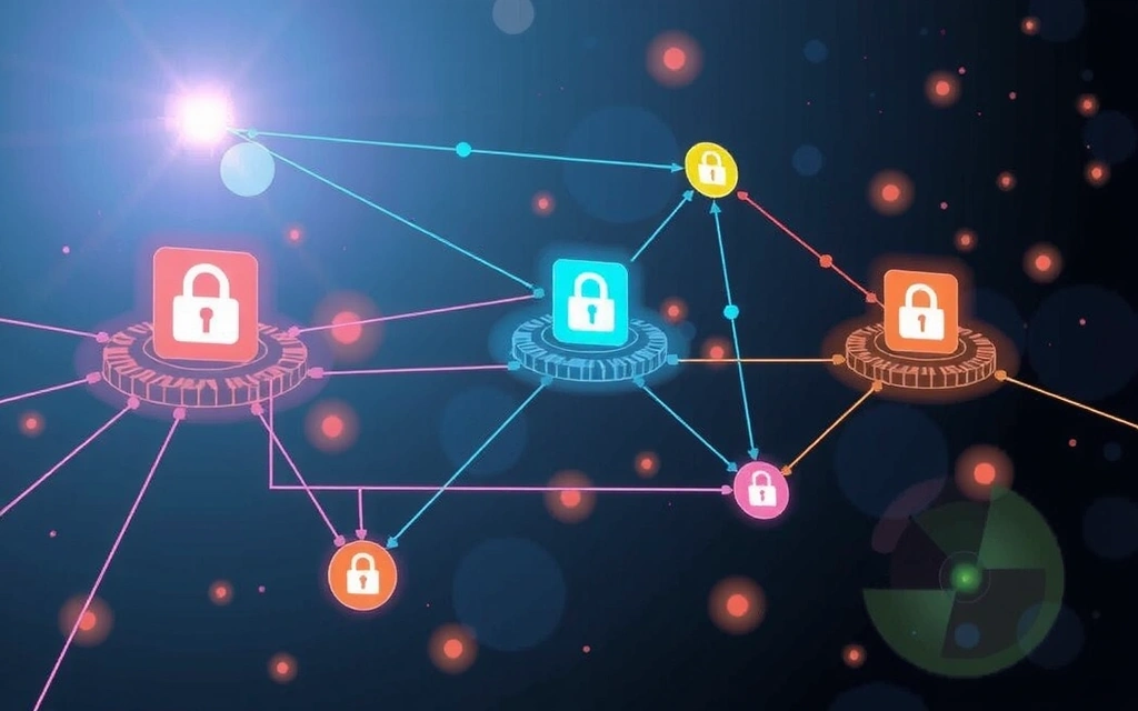 Secure data sharing illustration with interconnected digital nodes