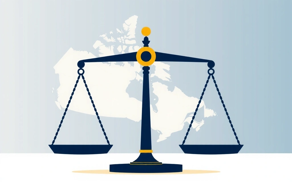 Illustration of legal scales balanced with a map of Canada in the background
