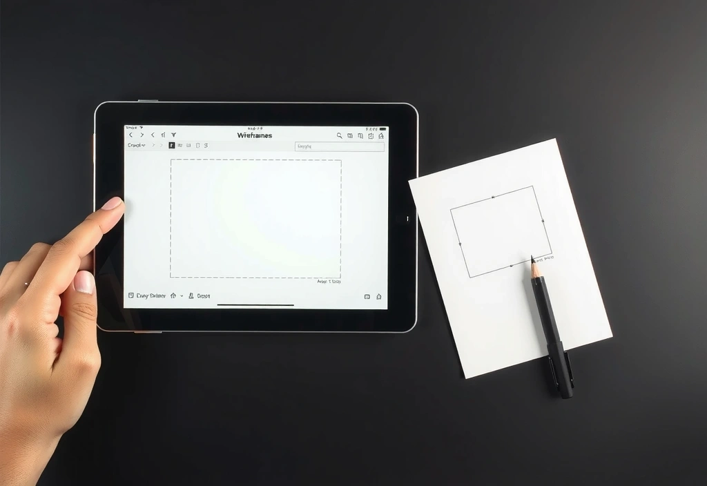 Digital wireframe on a tablet and a hand sketching a prototype