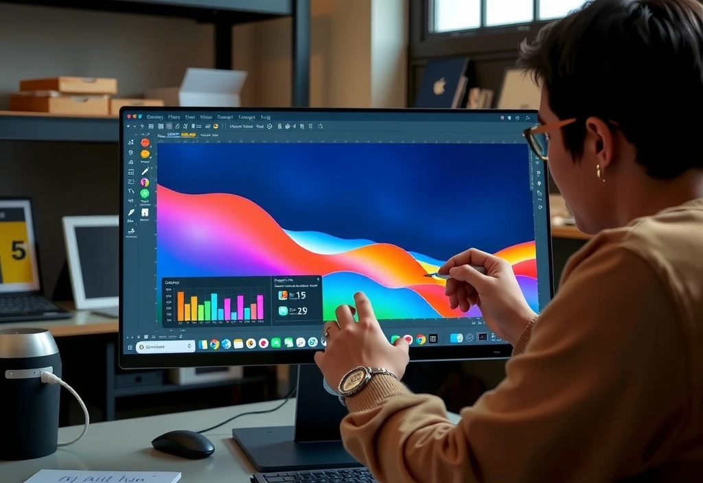 Graphic designer working on a detailed website mockup on a computer