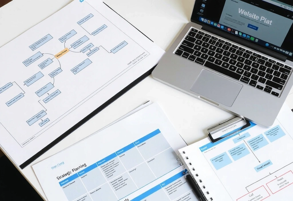 Mind map and project plan on a desk with a laptop