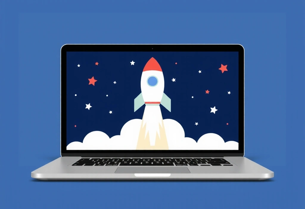 Rocket launching from a laptop screen, symbolizing website launch and success