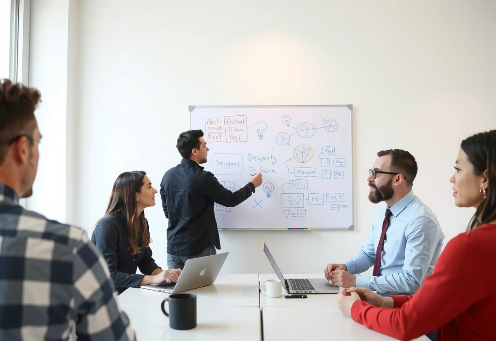 Team collaborating and brainstorming ideas for web design